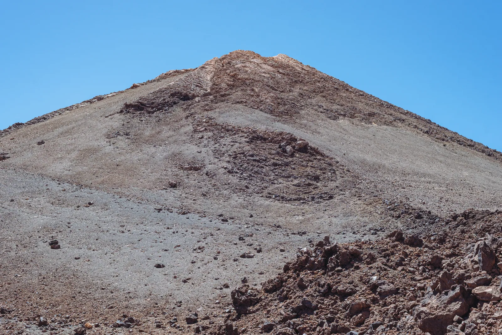 El cono terminal del Teide visto desde La Rambleta: laderas de ceniza y lapilli gris que ascienden hasta el cráter de la cumbre, con bloques de lava rojiza en primer plano y cielo despejado