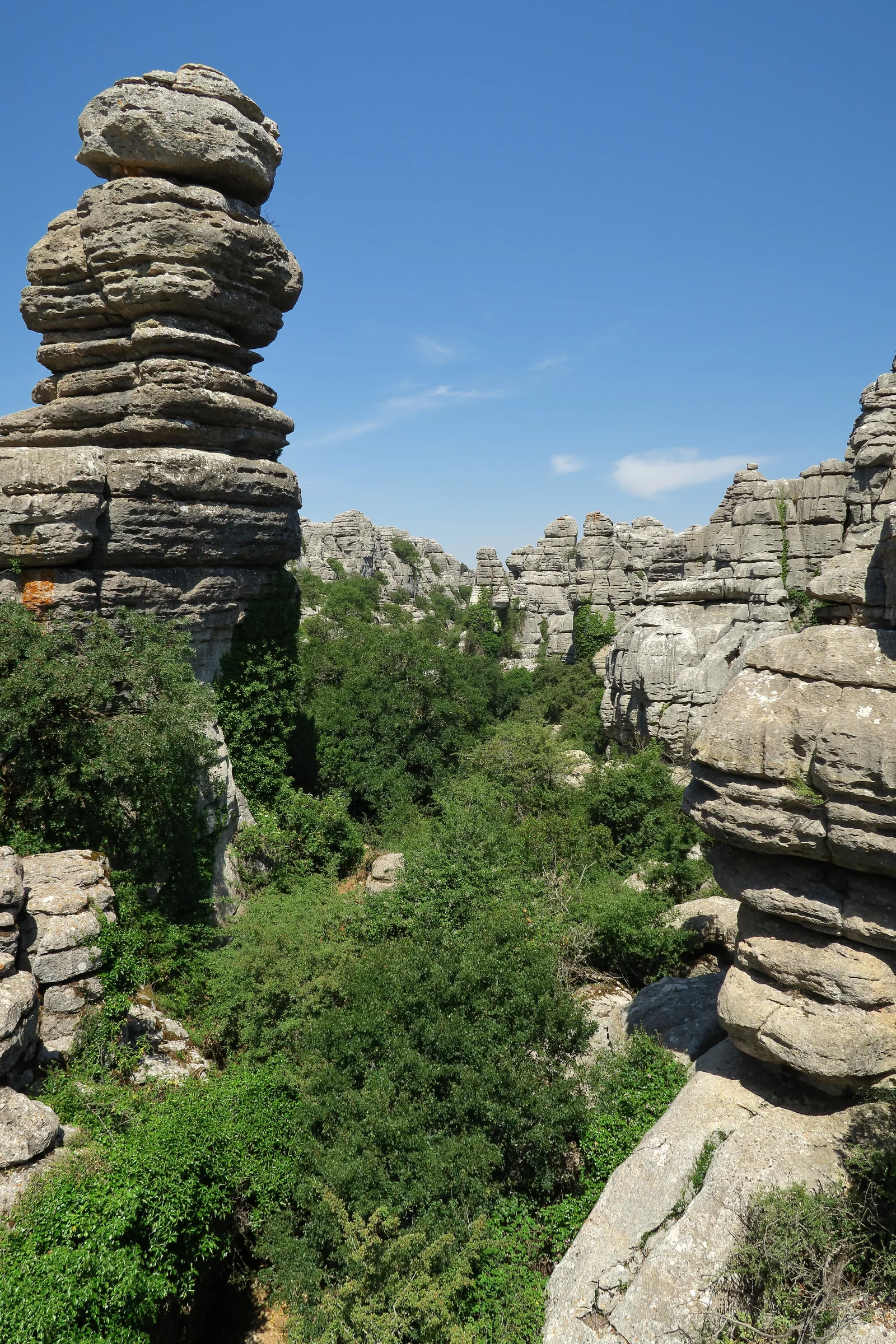 Monolito-torre de caliza esculpido por la erosión diferencial entre estratos en el Torcal de Antequera